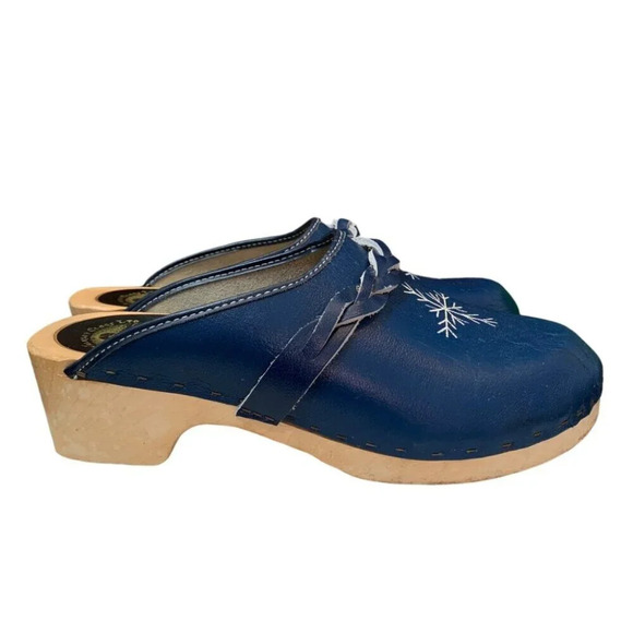 J. Walkley Clogs Shoes Womens 7.5 Blue Slip On  Plaited Strap Leather Wood - Picture 3 of 10